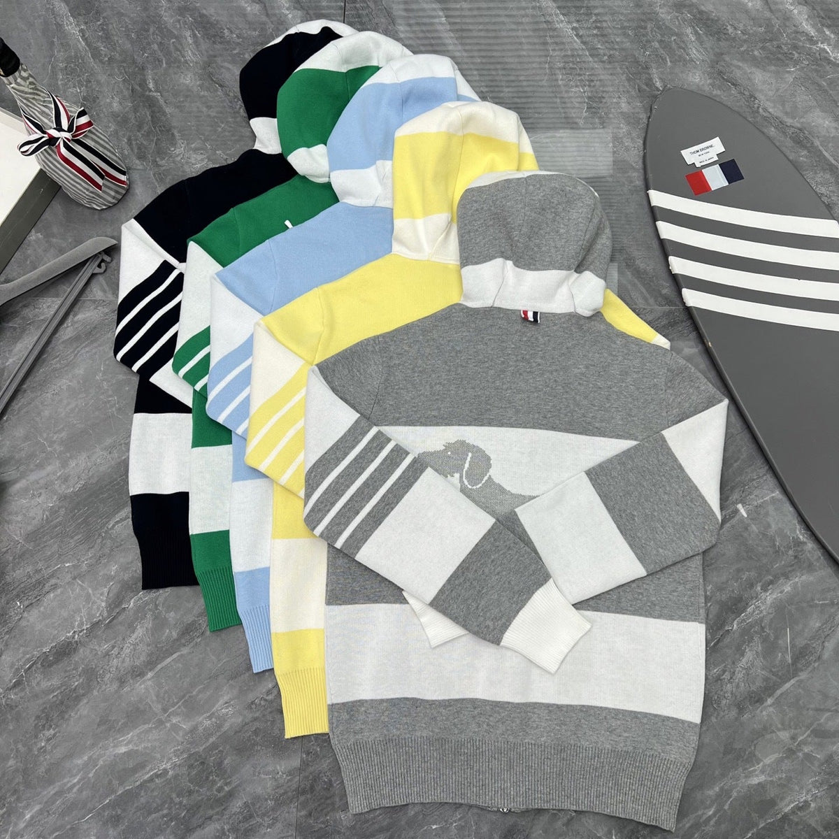 Thom Browne Style Striped Dog-Motif Zip-Up Knit Hoodie