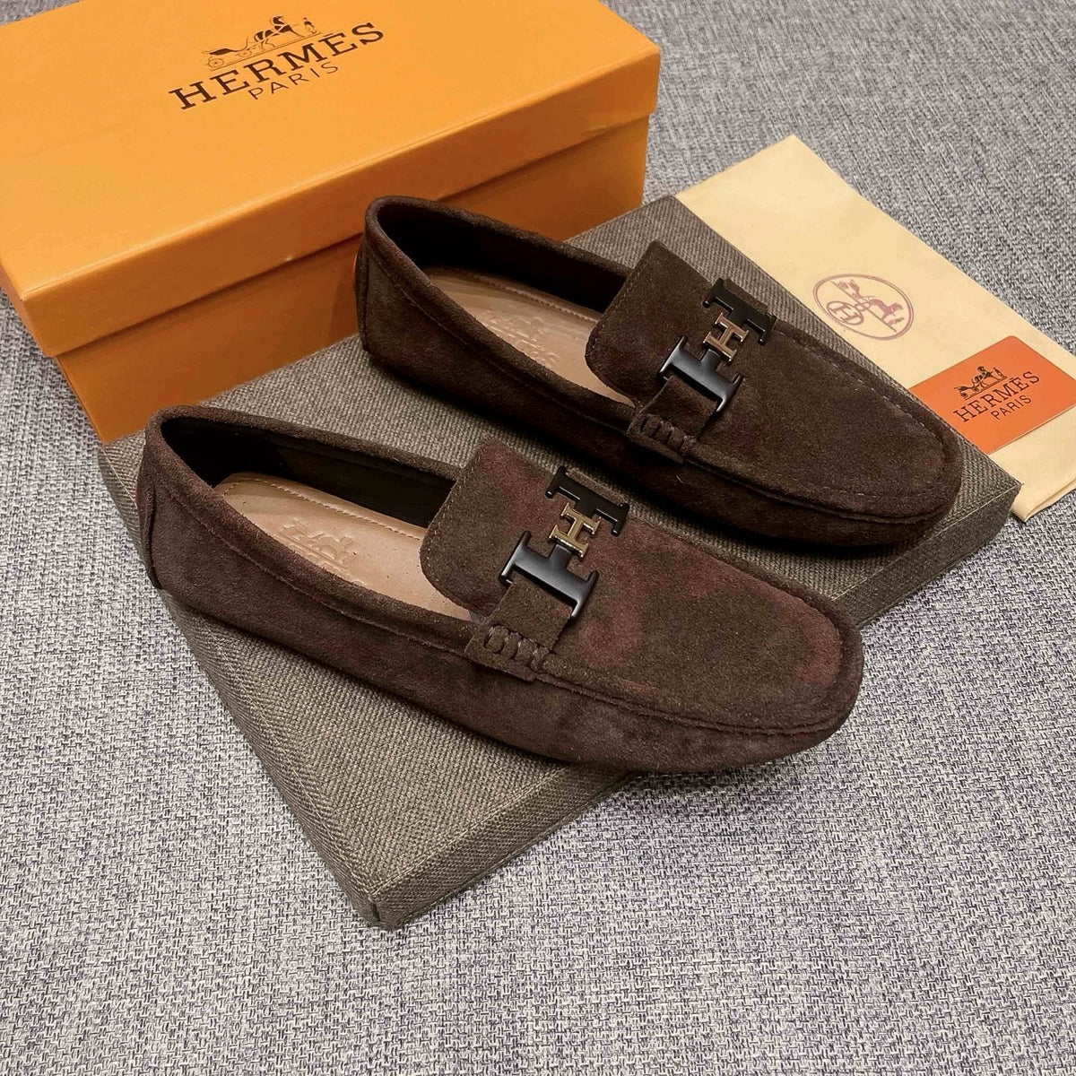 Hermès Brown Suede-Look H Hardware Loafers