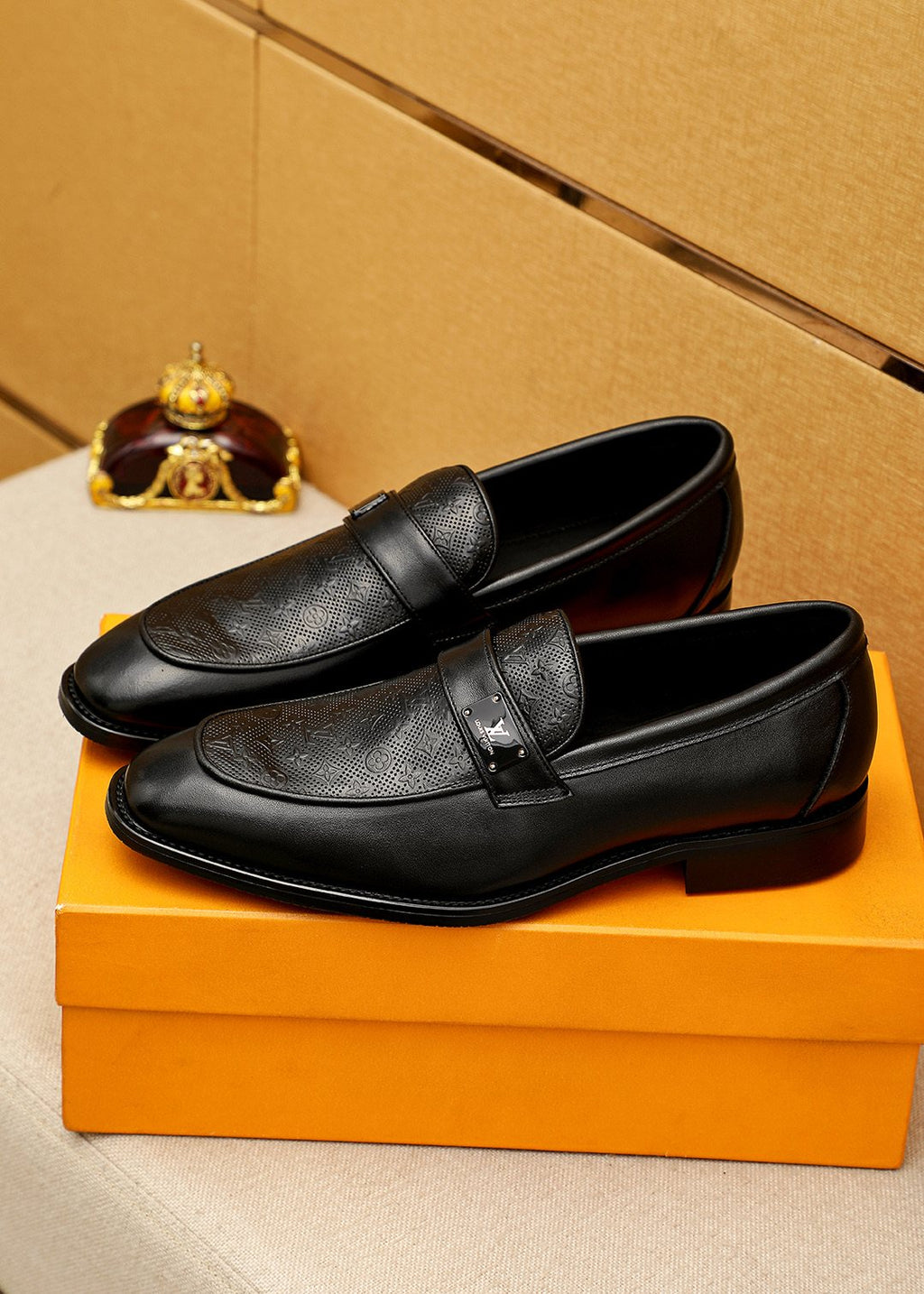 Louis Vuitton Men's Black Embossed Loafers - Rounded Toe