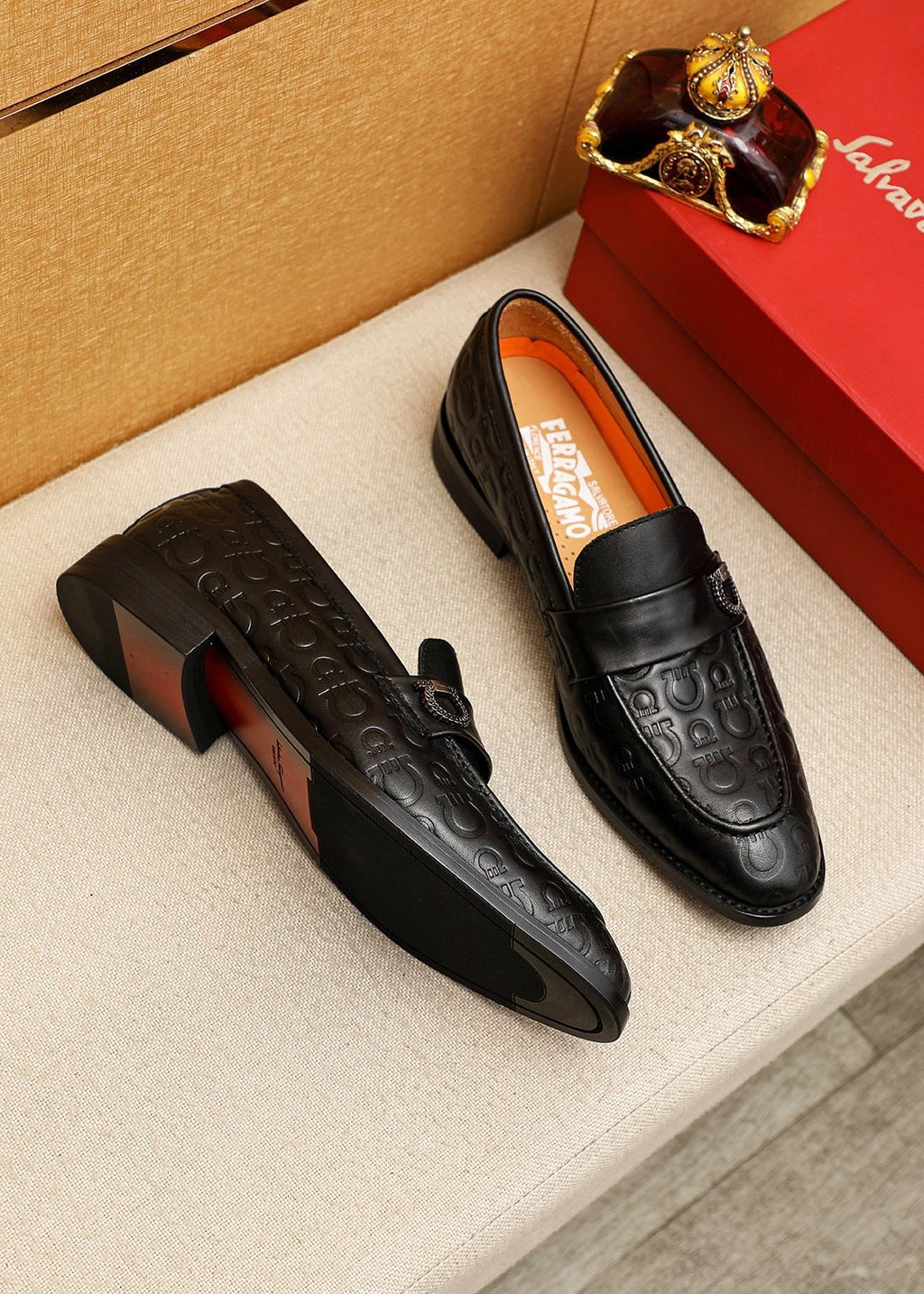 Ferragamo Men's Embossed Buckle Loafers