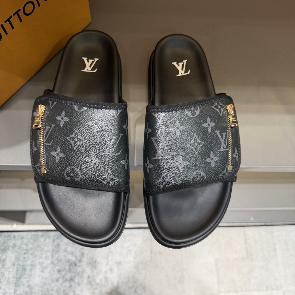Louis Vuitton Black Monogram Strap Slide Sandals
